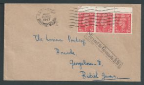 Grenada 1947 Cover from G.B. to British Guiana handstamped by boxed "Missent to Grenada B.W.I." and