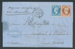 Egypt - French Post Office 1868 Entire letter (small stain at left) from Alexandria to Switzerland b