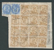 India - Used in Abadan 1911 - 22 2a, 6a blocks of seven and eight all tied to a portion of a telegra