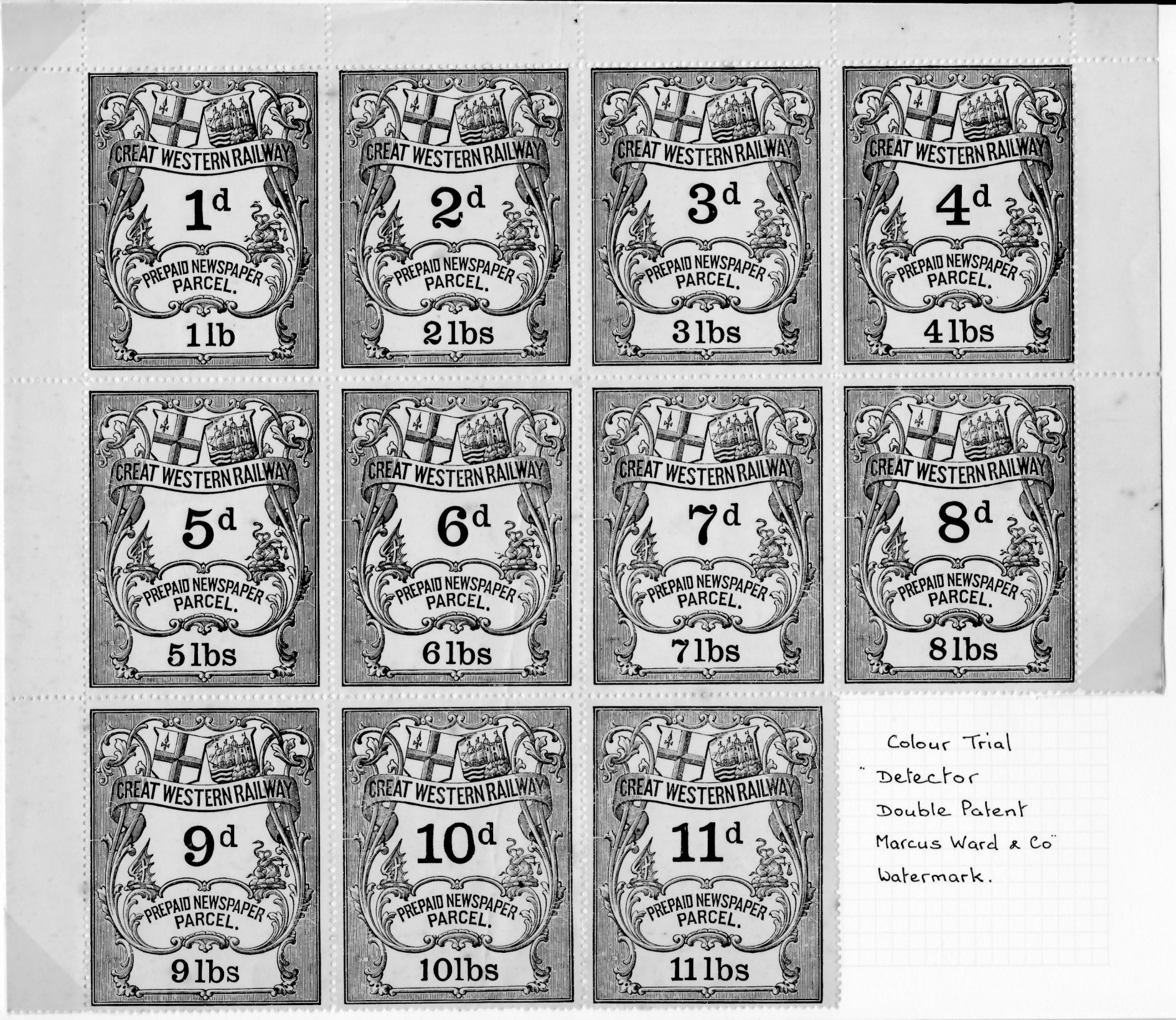 G.B. Railways c.1870 Great Western Railway newspaper parcel stamps - 11 colour trials in black in a