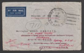 Hong Kong 1945 (Sep. 13) Stampless cover from Australia to a Private in the Hong Kong Defence Cor...