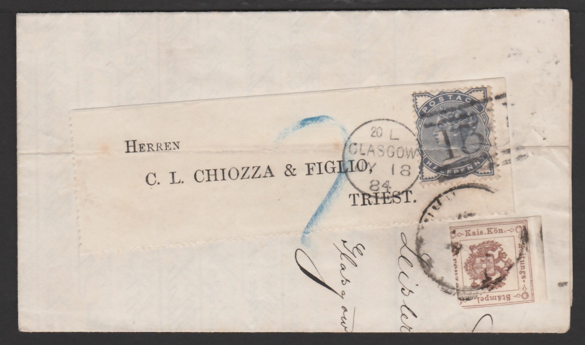 G.B - Scotland / Austria 1884 Printed Prices Current from Glasgow to Triest franked 1/2d (crossed...