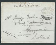 Southern Rhodesia 1917 Stampless On Active Service cover to Scotland with Salisbury c..d.s.