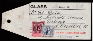 G.B. - Railways 1904 Cloth parcel tag for glass to Ealing from Harveys of Bristol franked by Great W