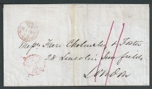 Saint Kitts 1868 (May 27) Entire prepaid 11d to London with a fine "ST. KITTS/PAID" c.d.s. in red, a