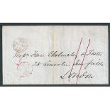 Saint Kitts 1868 (May 27) Entire prepaid 11d to London with a fine "ST. KITTS/PAID" c.d.s. in red, a