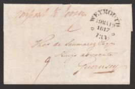 G.B. - Channel Islands 1817 Entire letter from Weymouth to Guernsey unusually endorsed "missent to J