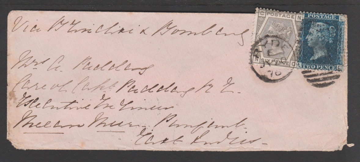 G.B. - Isle of Wight / Surface Printed 1876 Cover (minor corner faults) to India bearing 2d blue pla