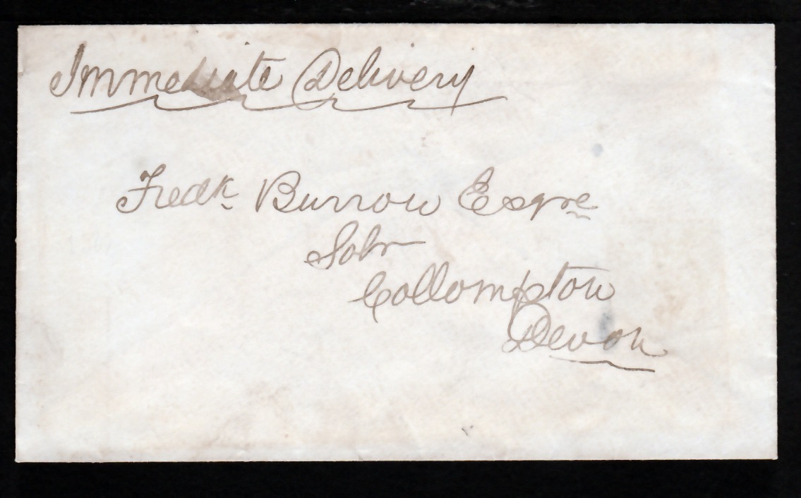 G.B. - Railway Letters c.1870 Cover from Hemyock to Collumpton carried as a railway parcel, the reve - Image 2 of 2