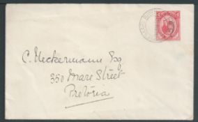South Africa 1917 1d Kings Head cancelled Pienaars River P.O. (Railway Office) on Cover to Pretoria.