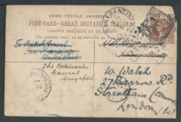 Hong Kong / G.B. - Q.V. Postal Stationery 1891 1d brown Post Card (faults) used round the world from