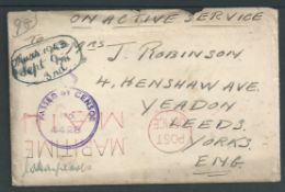 Falkland Islands 1943 Stampless O.A.S. cover (flap missing) to England with violet "PASSED BY CENSOR