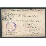 Falkland Islands 1943 Stampless O.A.S. cover (flap missing) to England with violet "PASSED BY CENSOR