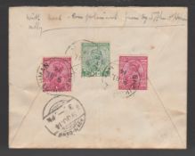 Aden 1914 (June 9) Cover (vertical fold, through 1/2a stamp) addressed to the African village at ...