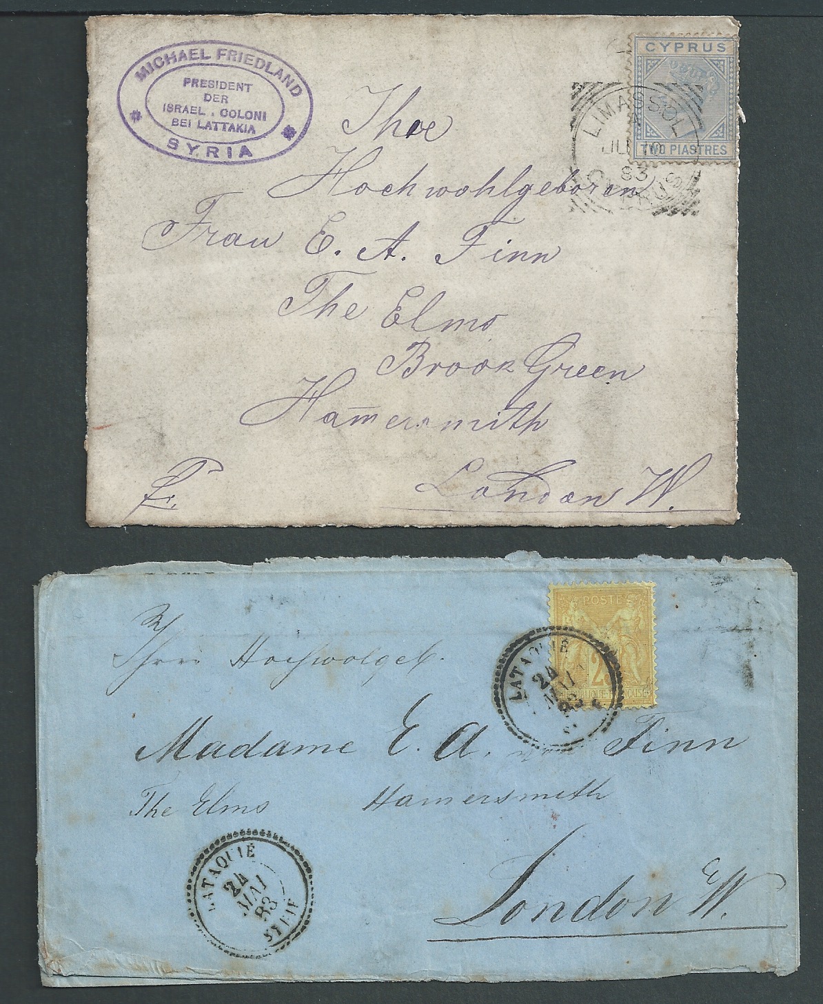 Syria 1883 Two covers franked France 25c cancelled by "LATAQUIE / SYRIE" French P.O. c..d.s. and a f