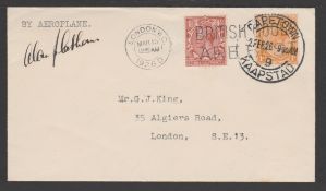 South Africa / G.B - Air Mails 1926 (Feb. 22) Cover to London inscribed "By Aeroplane" and signed...