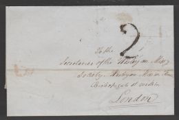 G.B. - Channel Islands 1845 Entire send unpaid from Jersey to London with scarce "2" charge mark (S