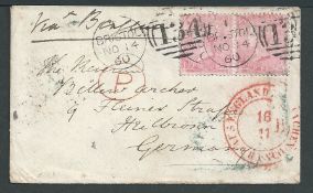 G.B. - Surface Printed 1860 Small cover (not fresh on reverse) from Bristol to Germany "Via Belgium"