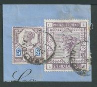 Great Britain - Surface Printed 1883-84 2s 6d deep lilac and 1887 5d (short perfs at top) tied to sm