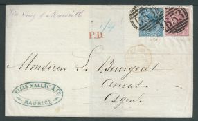 Mauritius 1873 Entire to France franked 1863 4d rose and 1/- blue each cancelled "B53" with red "P.D