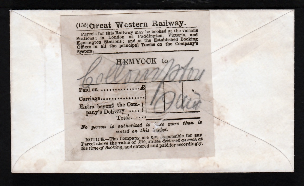 G.B. - Railway Letters c.1870 Cover from Hemyock to Collumpton carried as a railway parcel, the reve