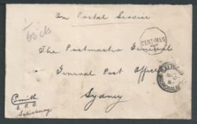 Rhodesia 1897 Stampless cover headed "On Postal Service" endorsed from "C. Smith, G.P.O. Salisbury"