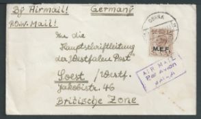 Libya 1948 Air Mail Prisoner of War Cover from Derna to Germany bearing 5d overprint. The return a