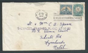 Crash & Wreck 1951 Cover from Cape Town to Natal handstamped "SALVAGED CRASHED PLANE 15/10/51", reco