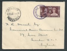 Tristan Da Cunha 1938 Cover to London bearing 1937 Coronation 1.1/2d cancelled by Tristan cachet typ