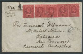 Fiji / New Guinea 1904 Cover from Levuka five KEVII 1d stamps, addressed to "rev. Heinrich Fellmann,