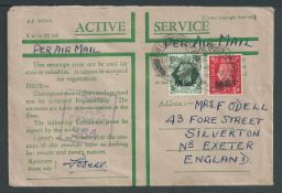 Italian Colonies / Palestine 1944 Honour Envelope to England with air mail postage paid by M.E.F. 1d