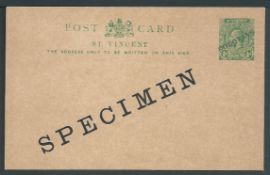 Saint Vincent 1913 1/2d green postal stationery postcard, H & G 8 overprinted "SPECIMEN" diagonally