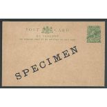 Saint Vincent 1913 1/2d green postal stationery postcard, H & G 8 overprinted "SPECIMEN" diagonally