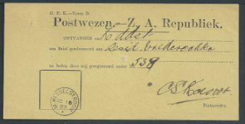 Transvaal 1889 Receipt for Registered letter on yellow paper 185 x 90 mm cancelled by M. Wesselstroo