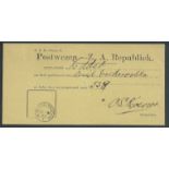 Transvaal 1889 Receipt for Registered letter on yellow paper 185 x 90 mm cancelled by M. Wesselstroo