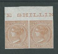 Mauritius 1862 1/- buff imperf Plate Proof pair on gummed paper with sheet margin at top showing par
