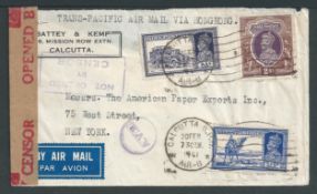 Hong Kong 1941 Air Mail Cover (flap missing) from India to New York, with India 3a6p, 8a, 2R, cancel