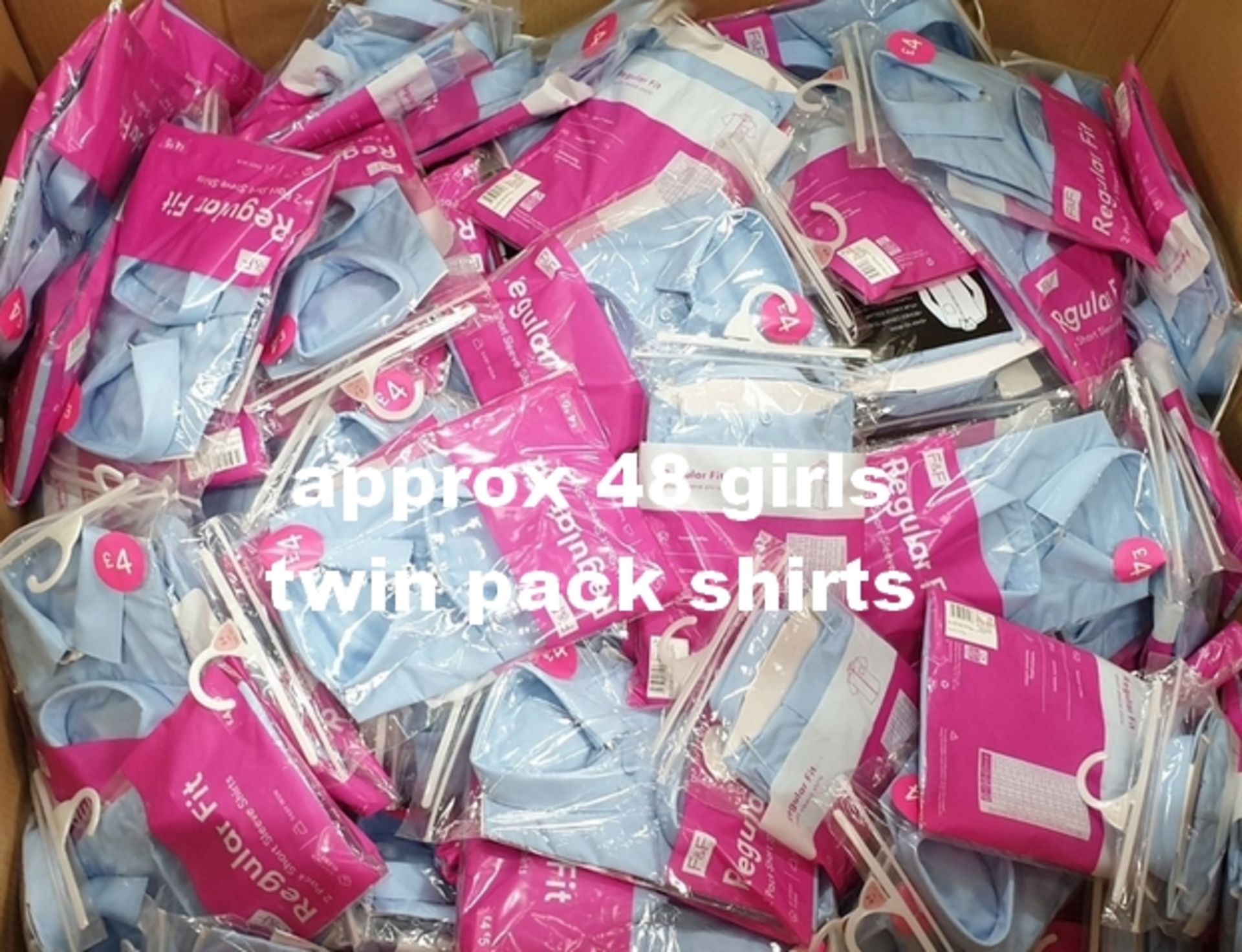 48 mixed girls and boys twin packs of shirts sizes from 5 to 13.