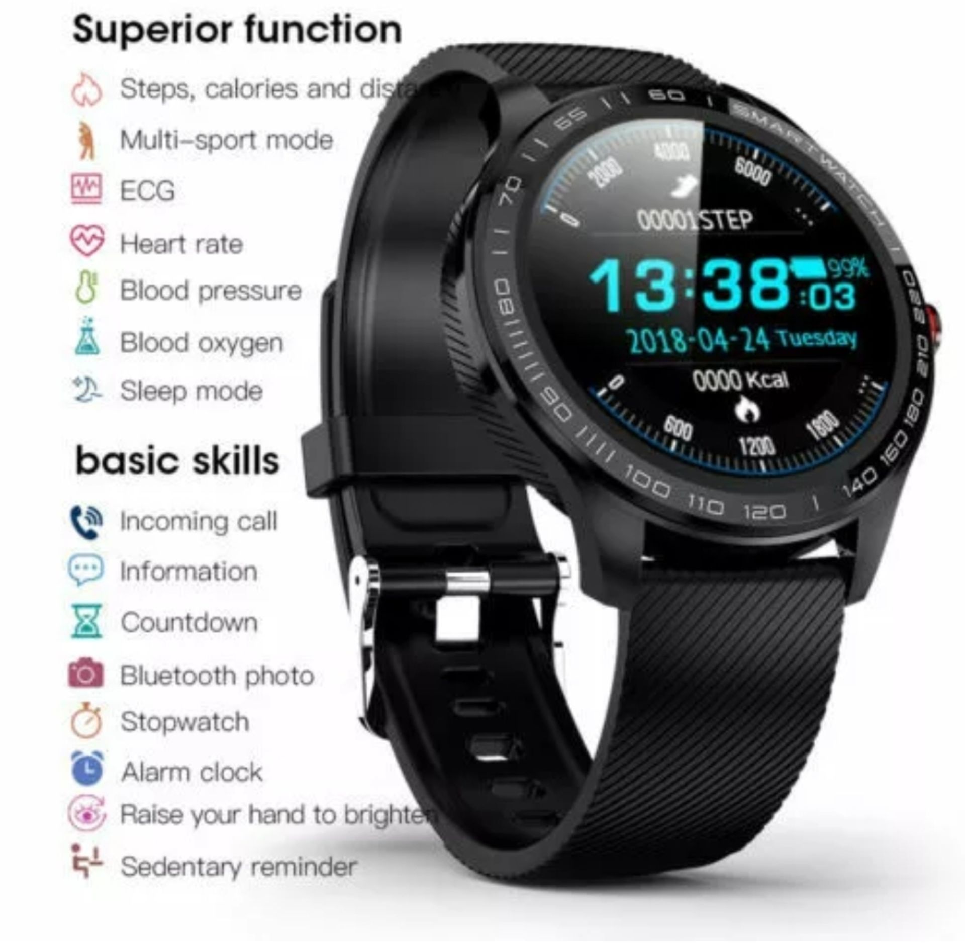 l8 blood pressure, oxygen, heart rate monitor, bt4.0 ip68 smart watch - grey/black strap - Image 15 of 23