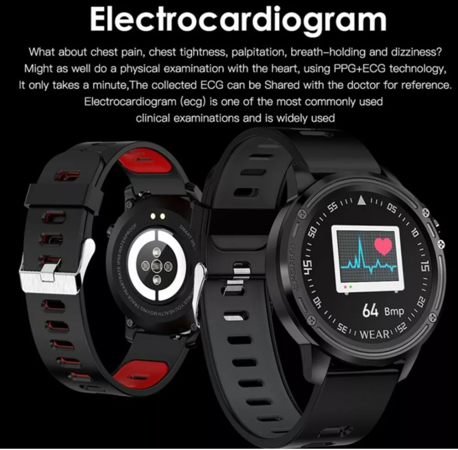 l8 blood pressure, oxygen, heart rate monitor, bt4.0 ip68 smart watch - grey/black strap - Image 21 of 23