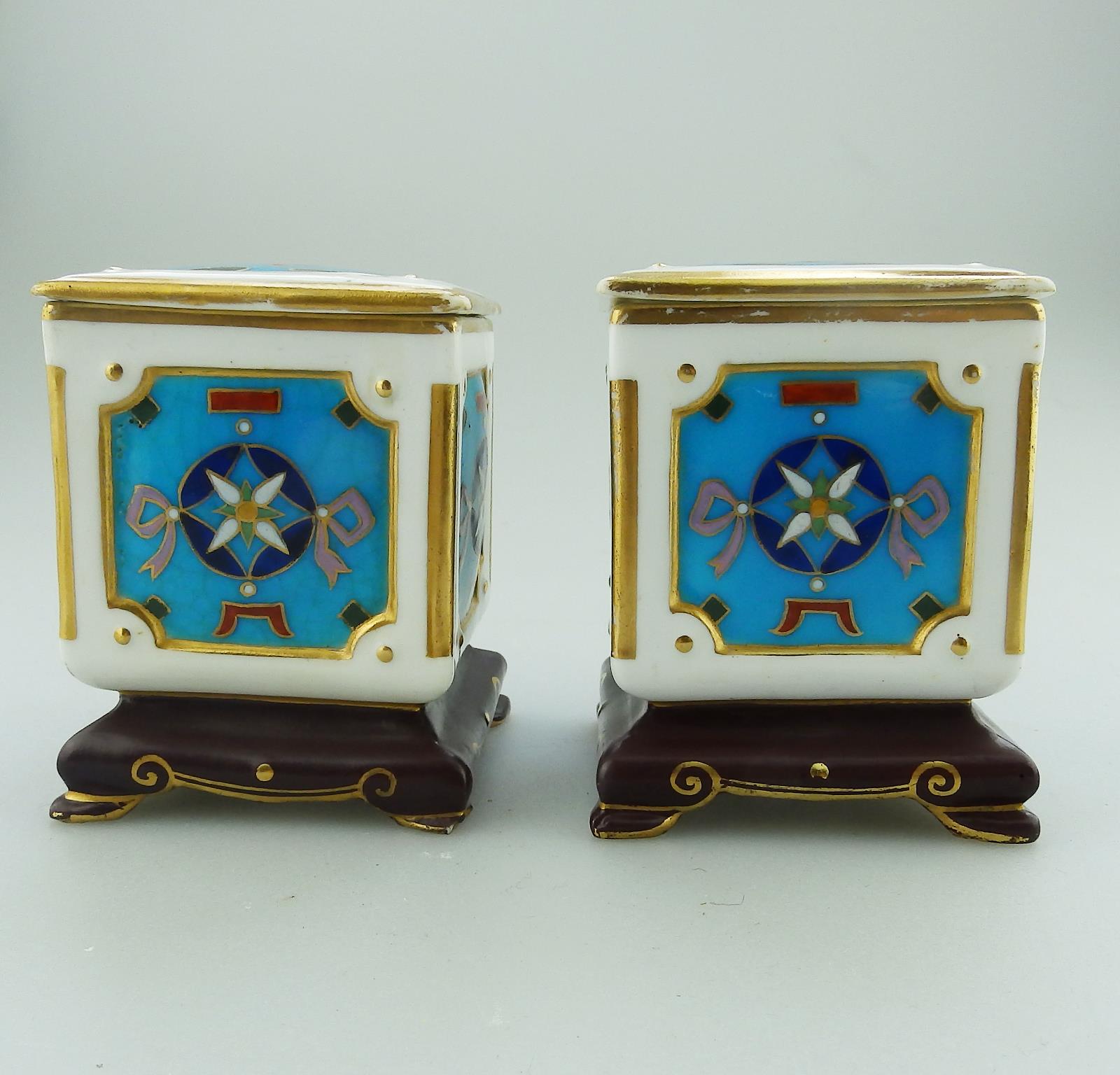 A pair of Minton porcelain miniature Boxes designed by Christopher Dresser 19thC