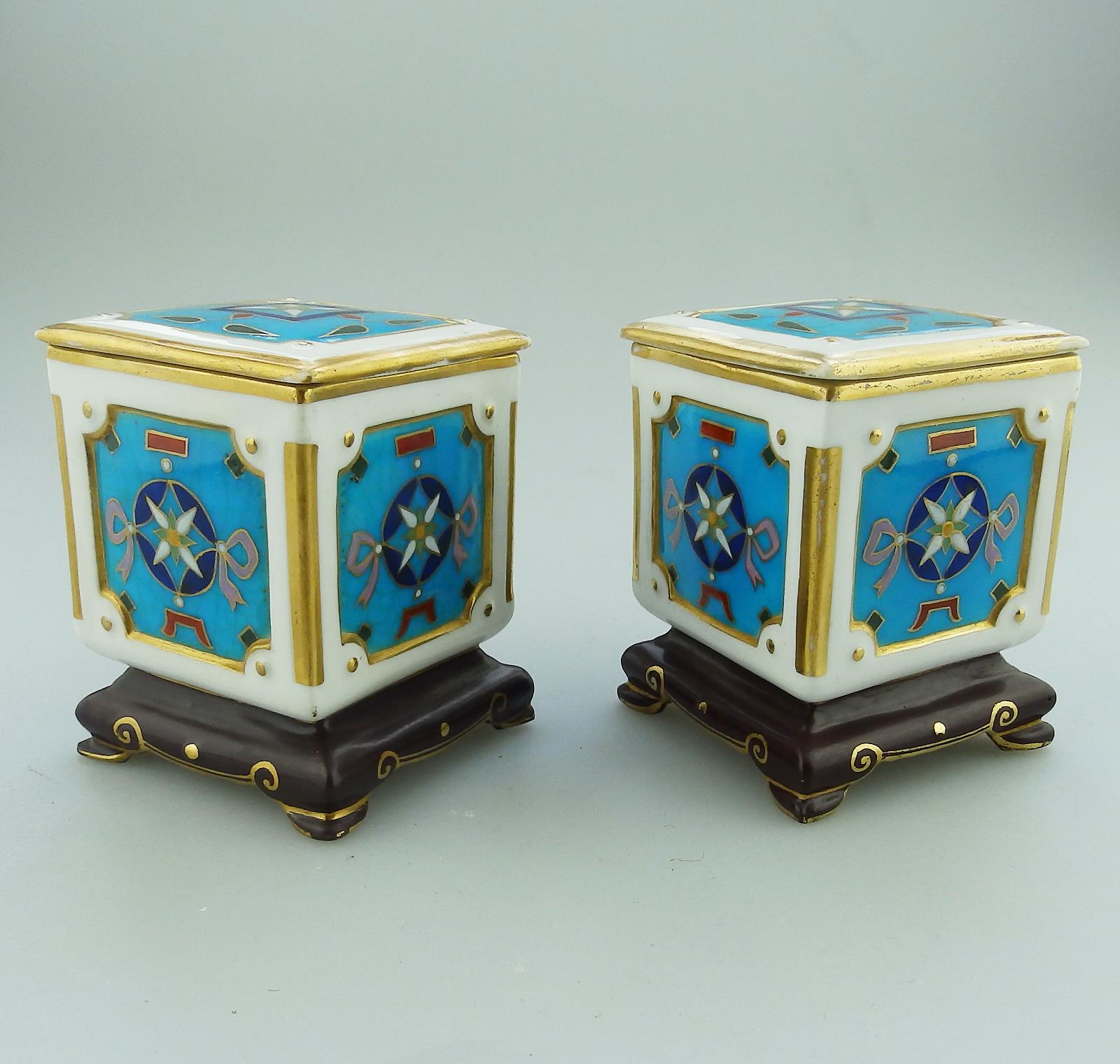 A pair of Minton porcelain miniature Boxes designed by Christopher Dresser 19thC - Image 2 of 9