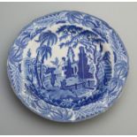 English pottery blue & white transferware Plate in Chinoiserie Ruins by Davenport C.1800