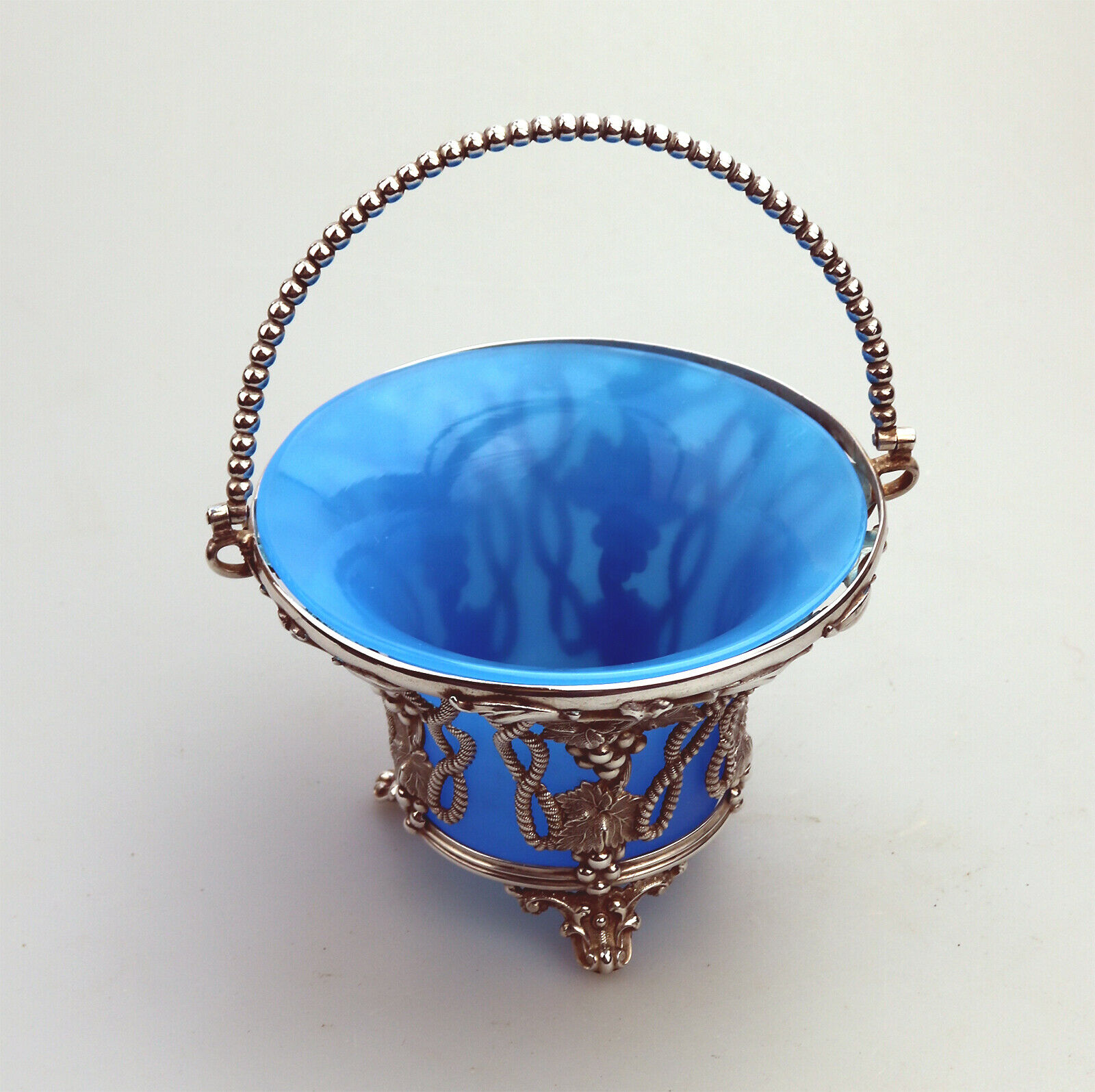 A good cast silver plate Sweet / Sugar Basket with opaline blue liner C.19thC - Image 3 of 8