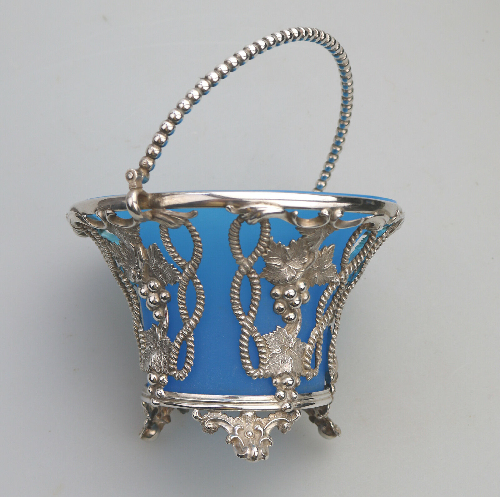 A good cast silver plate Sweet / Sugar Basket with opaline blue liner C.19thC - Image 5 of 8