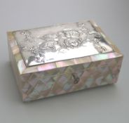 An unusual solid silver & mother of pearl Reynolds Angels large Jewellery Box Chester 1905