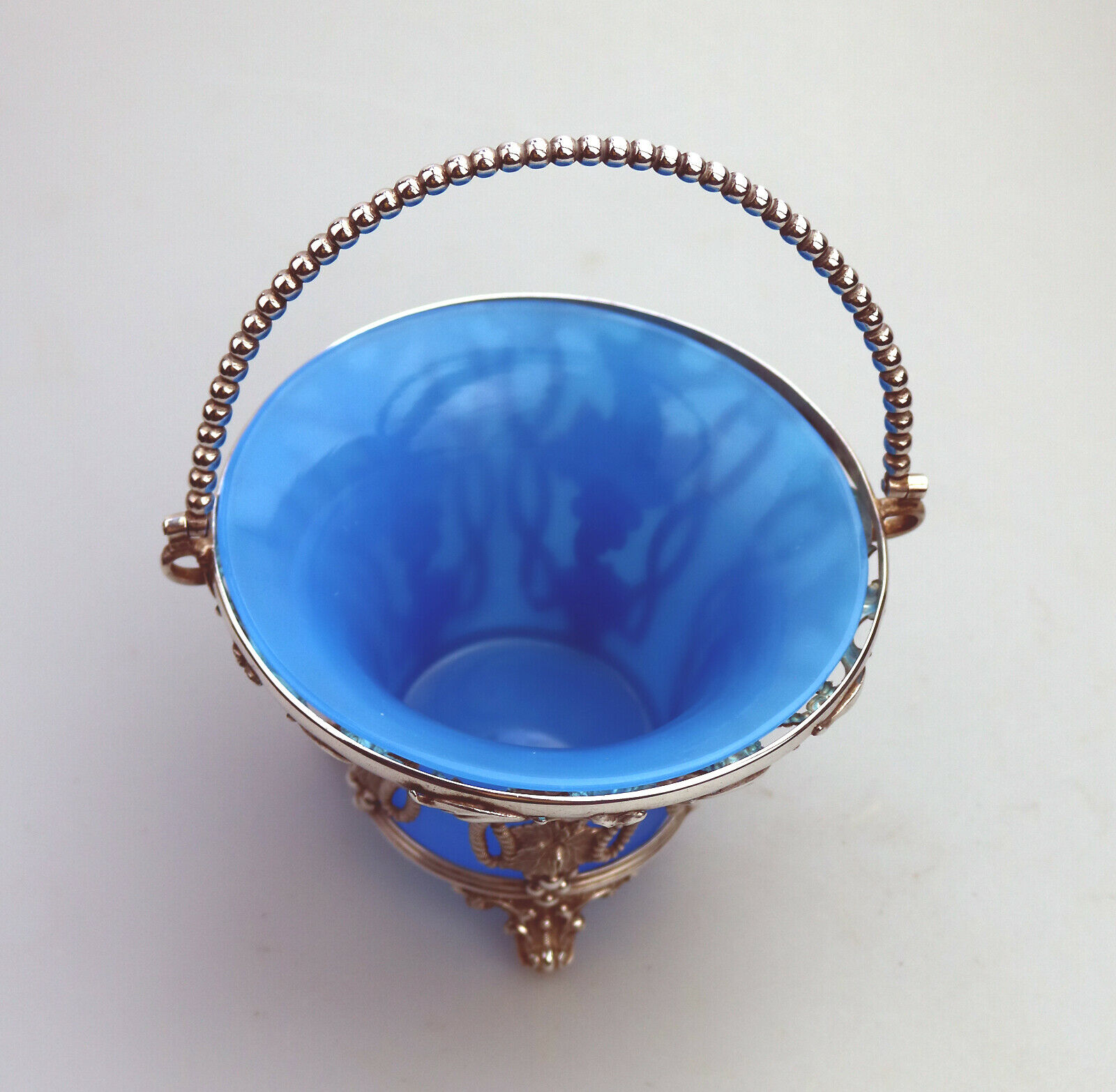 A good cast silver plate Sweet / Sugar Basket with opaline blue liner C.19thC - Image 4 of 8