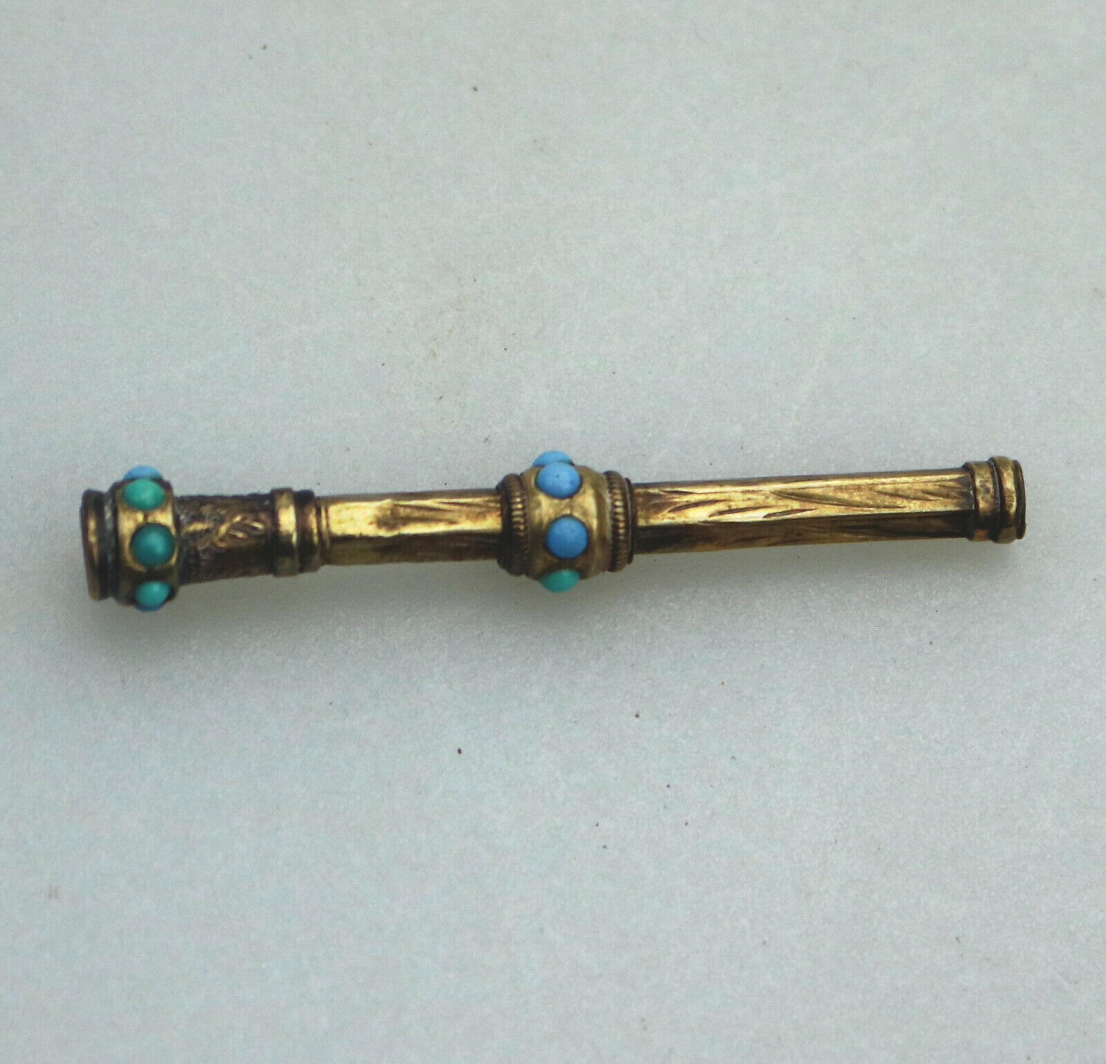 A gilt Mechanical retracting Propelling Pencil with turquoise stones C.19thC - Image 2 of 3