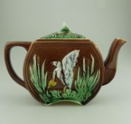 A Victorian Majolica pottery Aesthetic design stork Tea Pot C.19thC