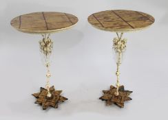 Pair Of Decorative Gold Leaf Metal & Crystal Side Tables